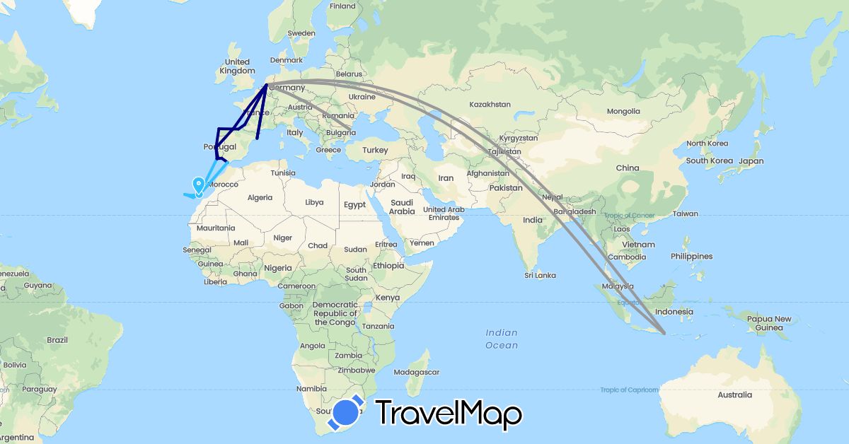 TravelMap itinerary: driving, plane, boat in Bulgaria, Spain, France, Indonesia, Netherlands, Portugal, Singapore, Thailand (Asia, Europe)